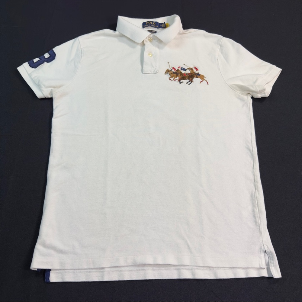 Polo Ralph Lauren White TRIPLE PONY #3 Mesh Knit Custom Slim Fit Polo Shirt